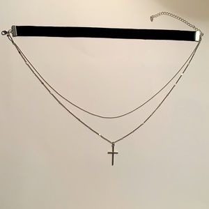 Silver Cross and Black Choker Layered Necklace